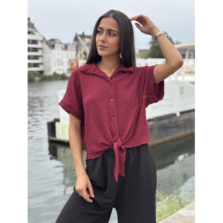 Chemise légère texturée à noeud bordeaux Elsa