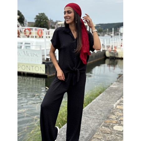 Chemise légère texturée à noeud noire Elsa