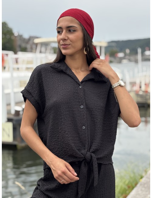 Chemise légère texturée à noeud noire Elsa