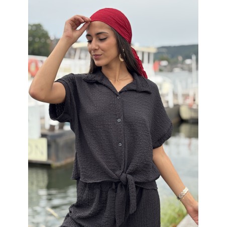 Chemise légère texturée à noeud noire Elsa