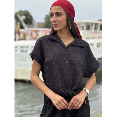 Chemise légère texturée à noeud noire Elsa