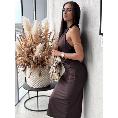 Robe longue satinée à col montant choco Julia