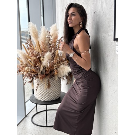 Robe longue satinée à col montant choco Julia