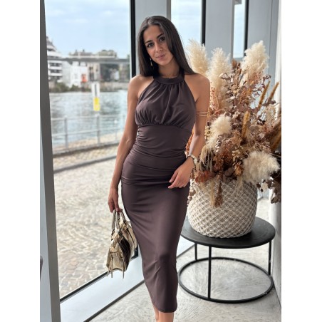 Robe longue satinée à col montant choco Julia