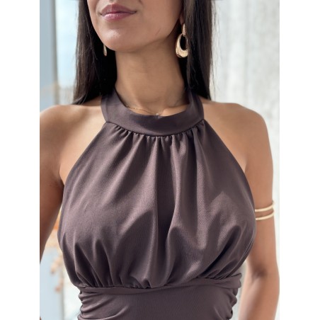Robe longue satinée à col montant choco Julia