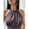 Robe longue satinée à col montant choco Julia