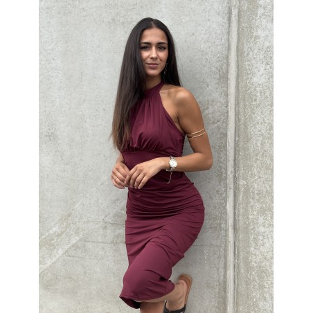 Robe longue satinée à col montant bordeaux Julia