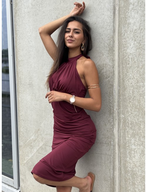 Robe longue satinée à col montant bordeaux Julia