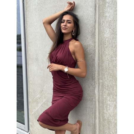 Robe longue satinée à col montant bordeaux Julia
