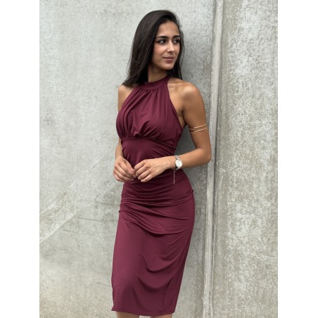 Robe longue satinée à col montant bordeaux Julia