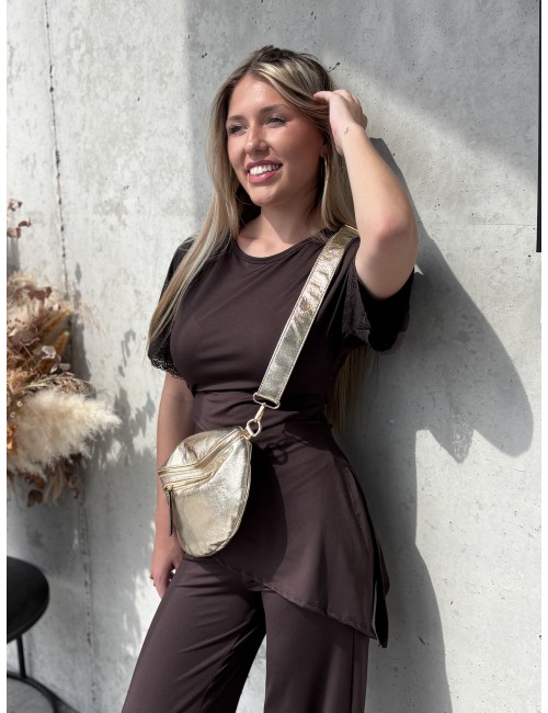 Blouse satinée à dentelles choco Irina