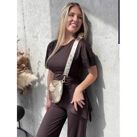 Blouse satinée à dentelles choco Irina