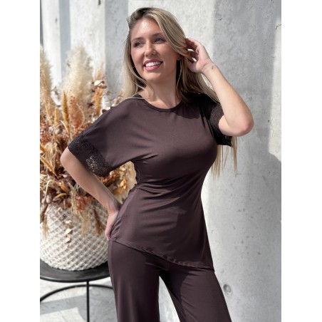 Blouse satinée à dentelles choco Irina