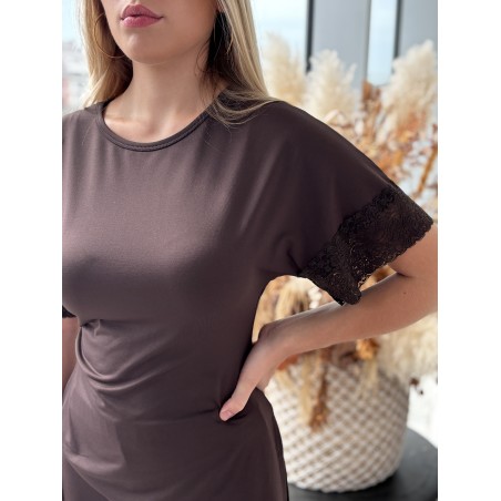 Blouse satinée à dentelles choco Irina