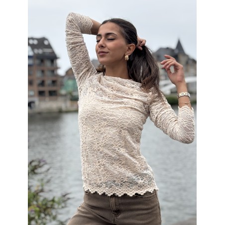 Blouse en dentelles transparente beige Malika