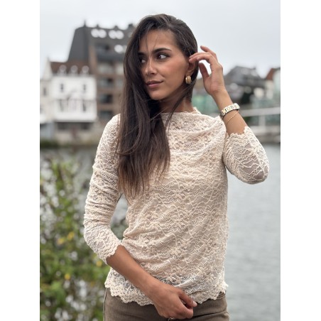 Blouse en dentelles transparente beige Malika
