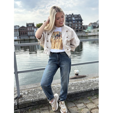 Veste bomber à broderie anglaise beige Emma