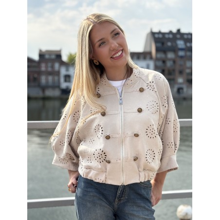 Veste bomber à broderie anglaise beige Emma