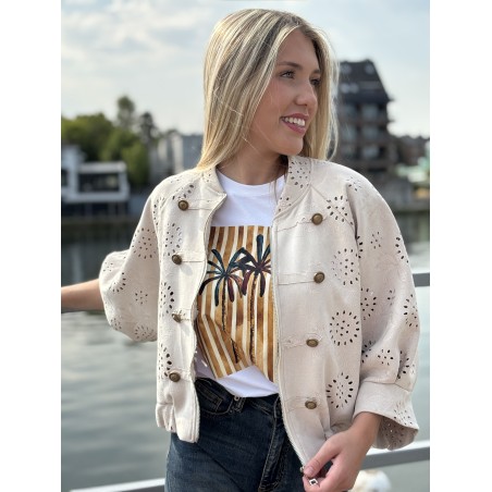Veste bomber à broderie anglaise beige Emma