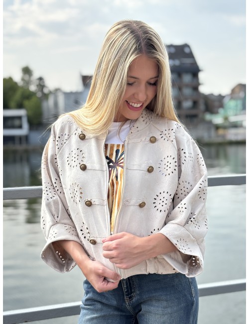 Veste bomber à broderie anglaise beige Emma