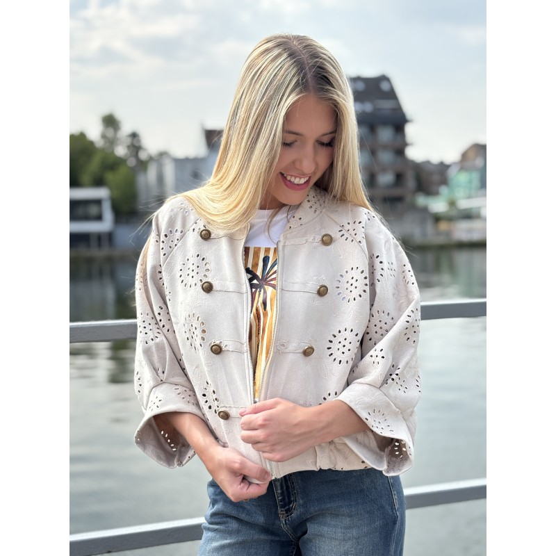 Veste bomber à broderie anglaise beige Emma