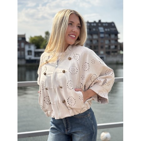 Veste bomber à broderie anglaise beige Emma