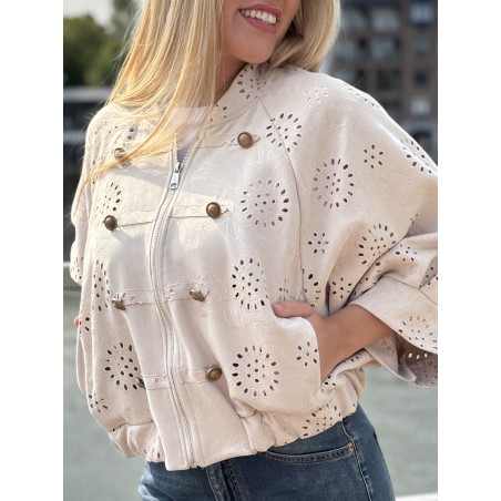 Veste bomber à broderie anglaise beige Emma
