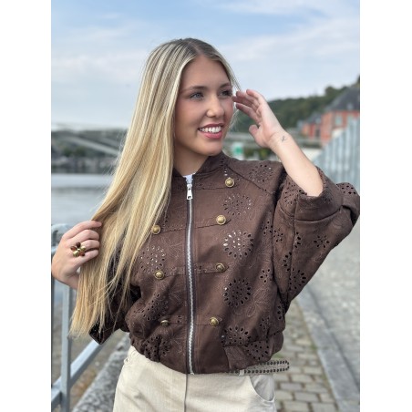 Veste bomber à broderie anglaise choco Emma