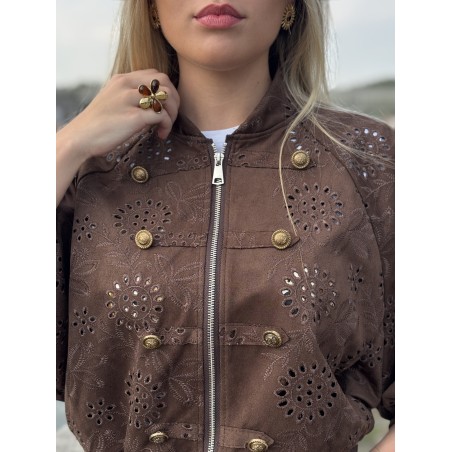 Veste bomber à broderie anglaise choco Emma