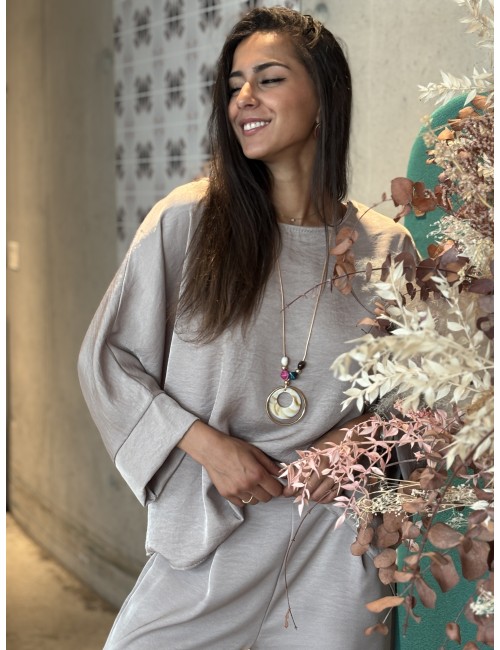 Blouse ample effet bohème taupe Paula