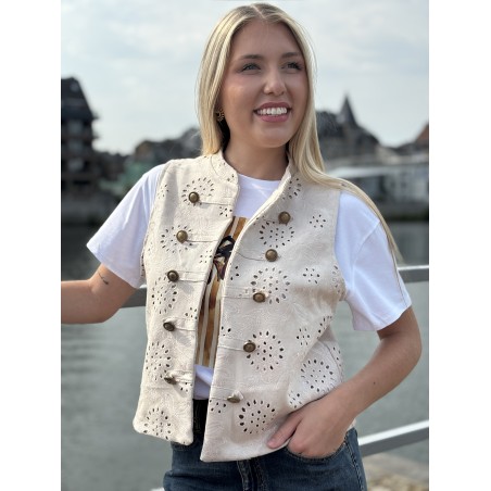 Gilet sans manches à broderie anglaise beige Oceane
