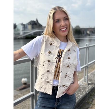 Gilet sans manches à broderie anglaise beige Oceane