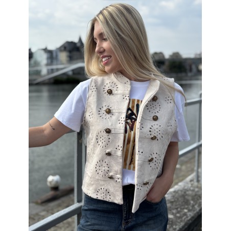 Gilet sans manches à broderie anglaise beige Oceane