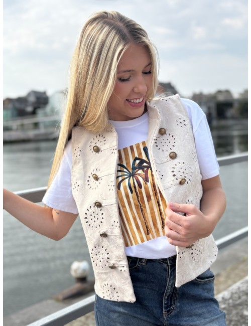 Gilet sans manches à broderie anglaise beige Oceane