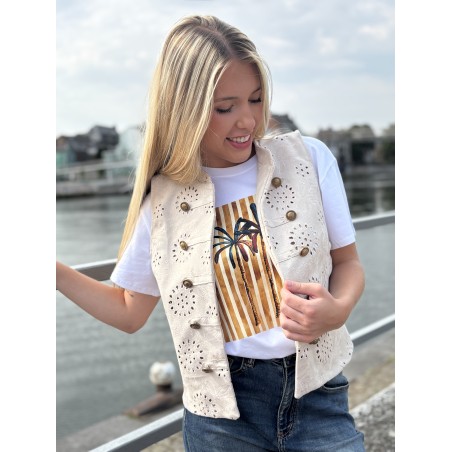 Gilet sans manches à broderie anglaise beige Oceane