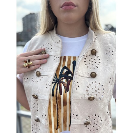 Gilet sans manches à broderie anglaise beige Oceane