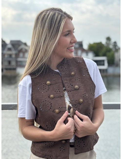 Gilet sans manches à broderie anglaise choco Oceane