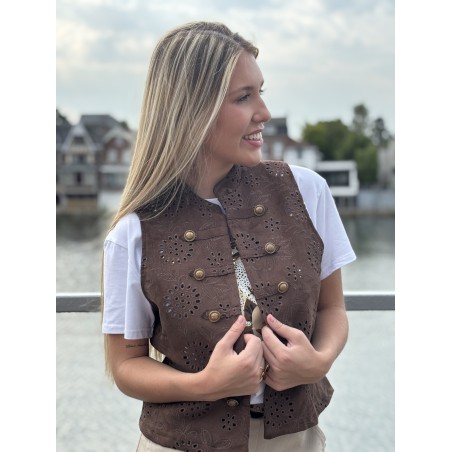 Gilet sans manches à broderie anglaise choco Oceane