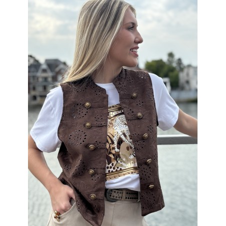 Gilet sans manches à broderie anglaise choco Oceane