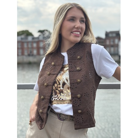 Gilet sans manches à broderie anglaise choco Oceane
