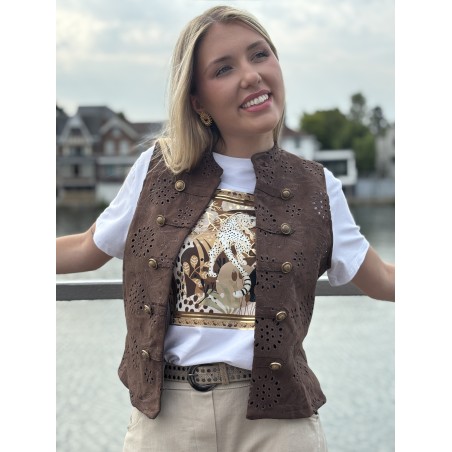 Gilet sans manches à broderie anglaise choco Oceane