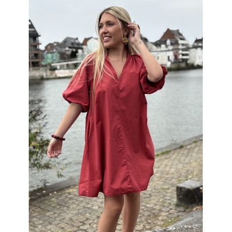 Robe courte à manches bouffantes brodées Bordeaux Christelle