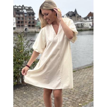 Robe courte à manches bouffantes brodées beige Christelle
