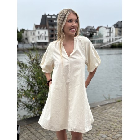Robe courte à manches bouffantes brodées beige Christelle