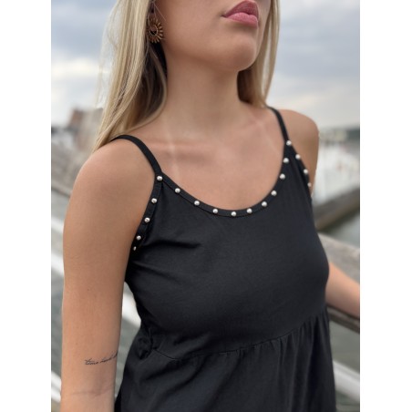 Robe courte à fines bretelles et détails cloutés noire Sophie