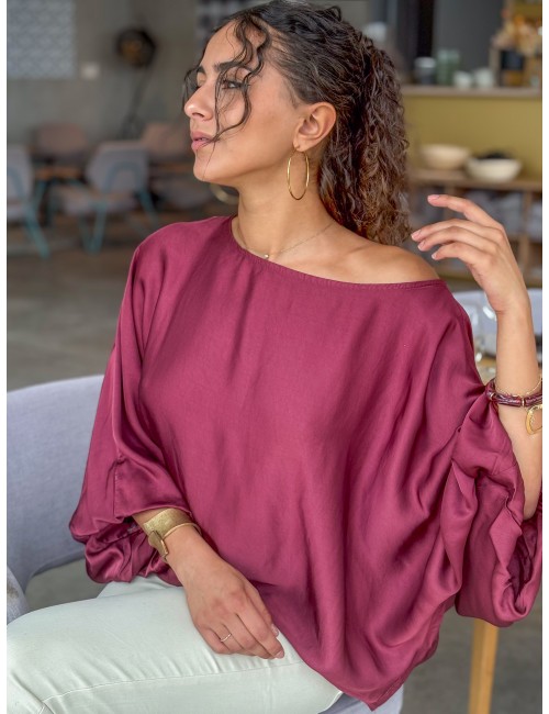 Blouse fluide oversize effet satiné bordeaux ALBA
