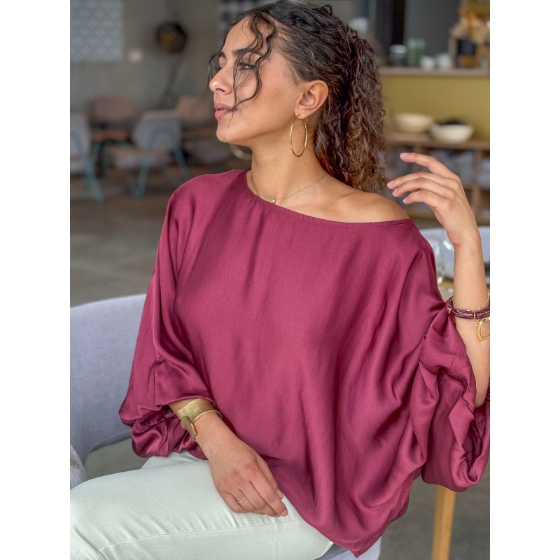 Blouse fluide oversize effet satiné bordeaux ALBA