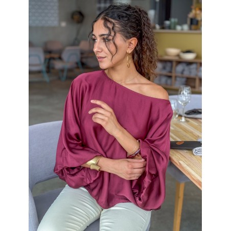 Blouse fluide oversize effet satiné bordeaux ALBA