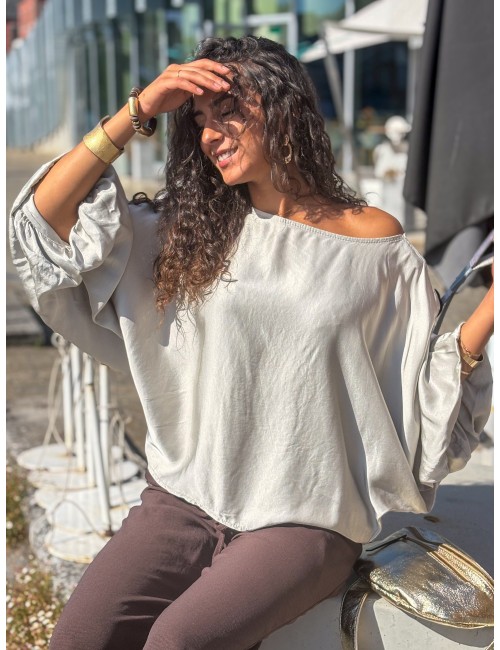 Blouse fluide oversize effet satiné taupe ALBA