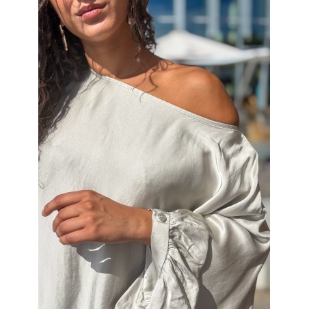 Blouse fluide oversize effet satiné taupe ALBA